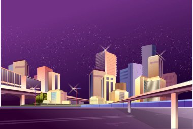 Gece şehrinin panoraması, caddeler ve yollar ve köprüler neon ışıklarıyla aydınlatılmış, ilçe konsepti yatay afiş, düz vektör illüstrasyonu