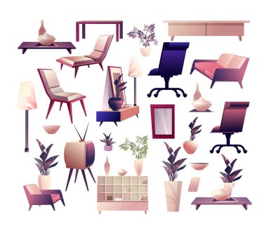 Beyaz arka planda bir mobilya koleksiyonu. Rahat bir daire için izole edilmiş iç dekorasyon detayları.