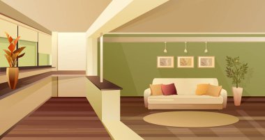 iç ev stüdyoları balkonlar ve salonlar konfor ve konfor vektör yatay illüstrasyon için birleştirilmiş düz tasarım perspektifli