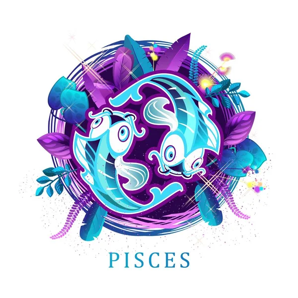 Vector Illustration Magic Horoscope Sign Pisces Style 60S Bright Hippie — Stock Vector