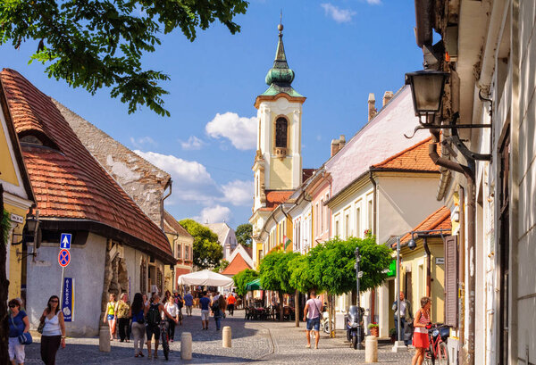 Dumtsa Jeno Street and the bell tower of the Serbian Orthodox Blagovestenska Church - Szentendre, Hungary, 16 July 2013