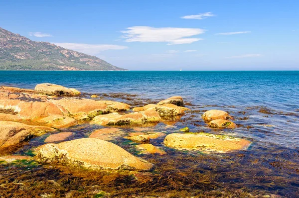 Rote Felsen und blaues Wasser - coles bay — Stockfoto