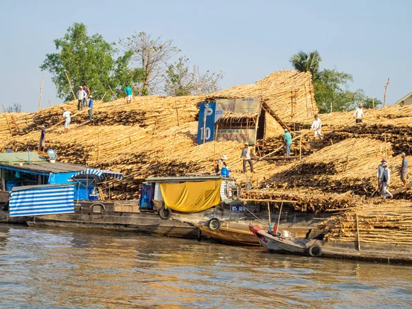 Barco Cargado Madera Enormes Pilas Troncos Can Tho Vietnam — Foto de Stock