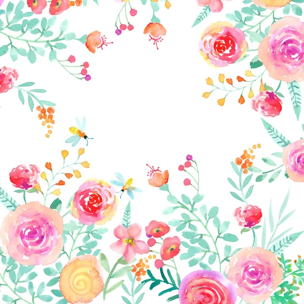 Aquarel handgeschilderde roze bloemen — Stockfoto