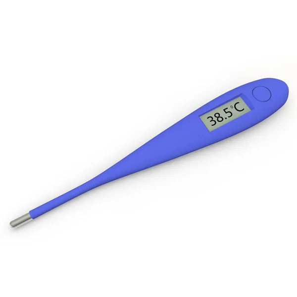 Digitalthermometer zeigt Temperatur von 38,5 Grad Celsius an Stockbild