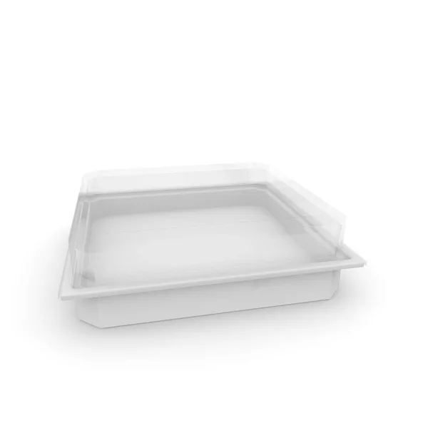 Пустой пластиковый контейнер с прозрачной крышкой для продуктов питания, кондитерских изделий и других продуктов. Изолированный фон — стоковое фото