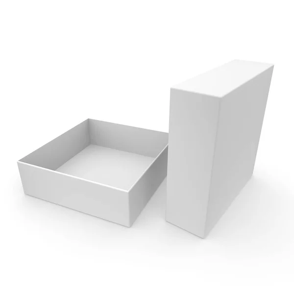 Weiße leere Schachtel für Produkte und Waren auf weißem isolierten Hintergrund — Stockfoto