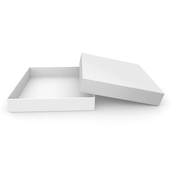 Witte lege doos voor producten en goederen op witte geïsoleerde achtergrond — Stockfoto