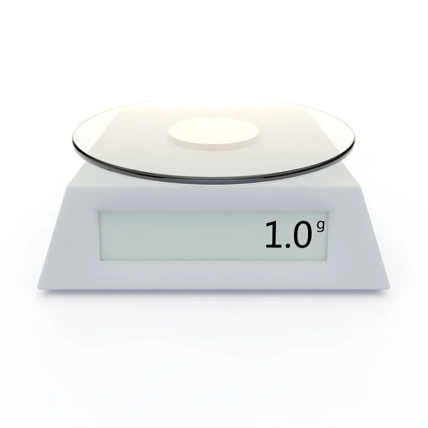 Электронные весы показывают 1 грамм, на белом изолированном фоне. Существует свободное место для вашего дизайна — стоковое фото