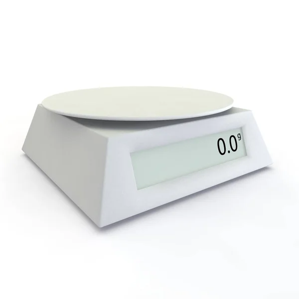 Le scale elettroniche mostrano 0 grammi, su uno sfondo bianco isolato. C'è uno spazio libero per il tuo design — Foto Stock