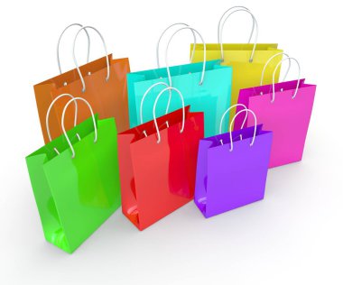 Ve beyaz izole zemin üzerine ürünler için çok renkli boş çanta