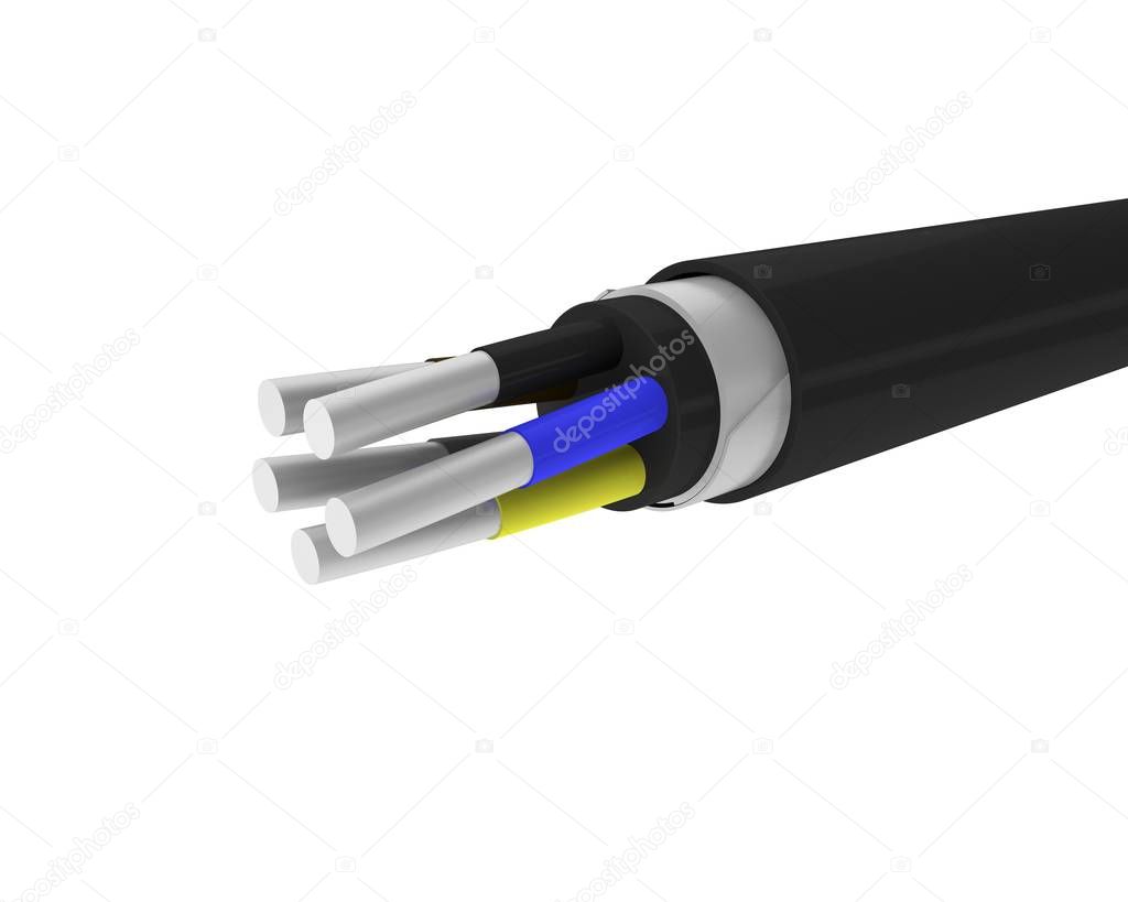 Model of five-core aluminum cable in rubber braid on a white isolated background