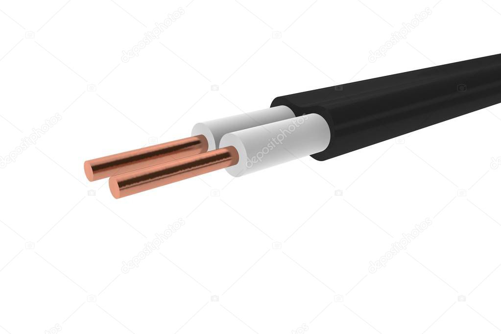 Model of a two-core copper cable in a rubber braid on a white isolated background