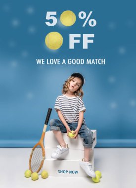 Sale banner with little tennis player clipart