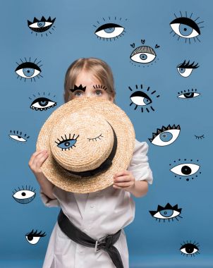 Girl with straw hat and eyes clipart