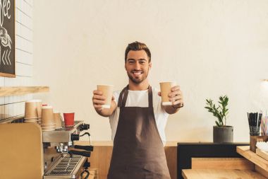 barista showing coffee to go clipart