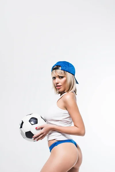Futbol topu ile cinsel kadın — Stok fotoğraf