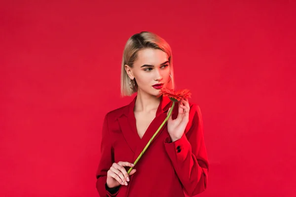 Girl in red suit with flower — Stock Photo, Image