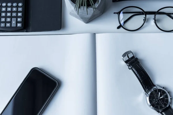 Overhead View Smartphone Watch Open Notebook — Stock Photo, Image