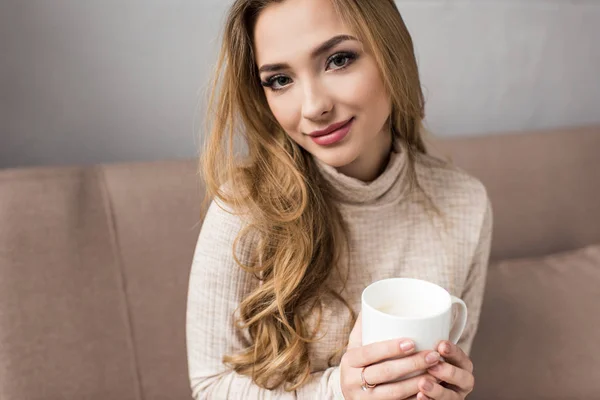 Close Portrait Young Woman Drinking Coffee Couch Home — Stock Photo, Image