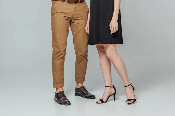 Cropped Shot Stylish Young Couple Standing Together Isolated Grey — Stock Photo, Image