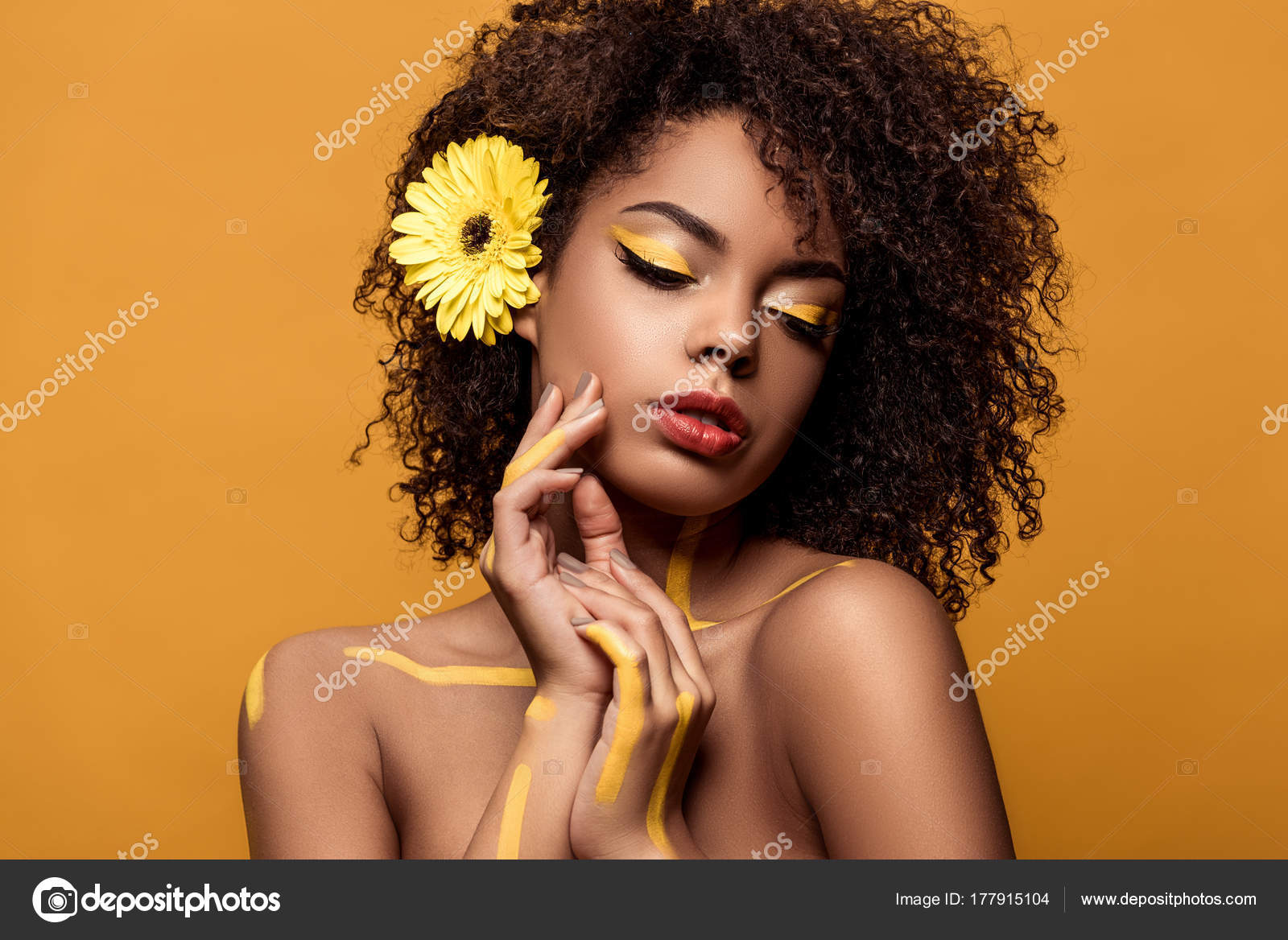 Stylish African American Woman Artistic Make Gerbera Hair Holds Hands Stock Photo by ©Y-Boychenko 177915104 Stylish African American Woman Artistic Make Gerbera Hair Holds Hands Stock Photo by ©Y-Boychenko 177915104