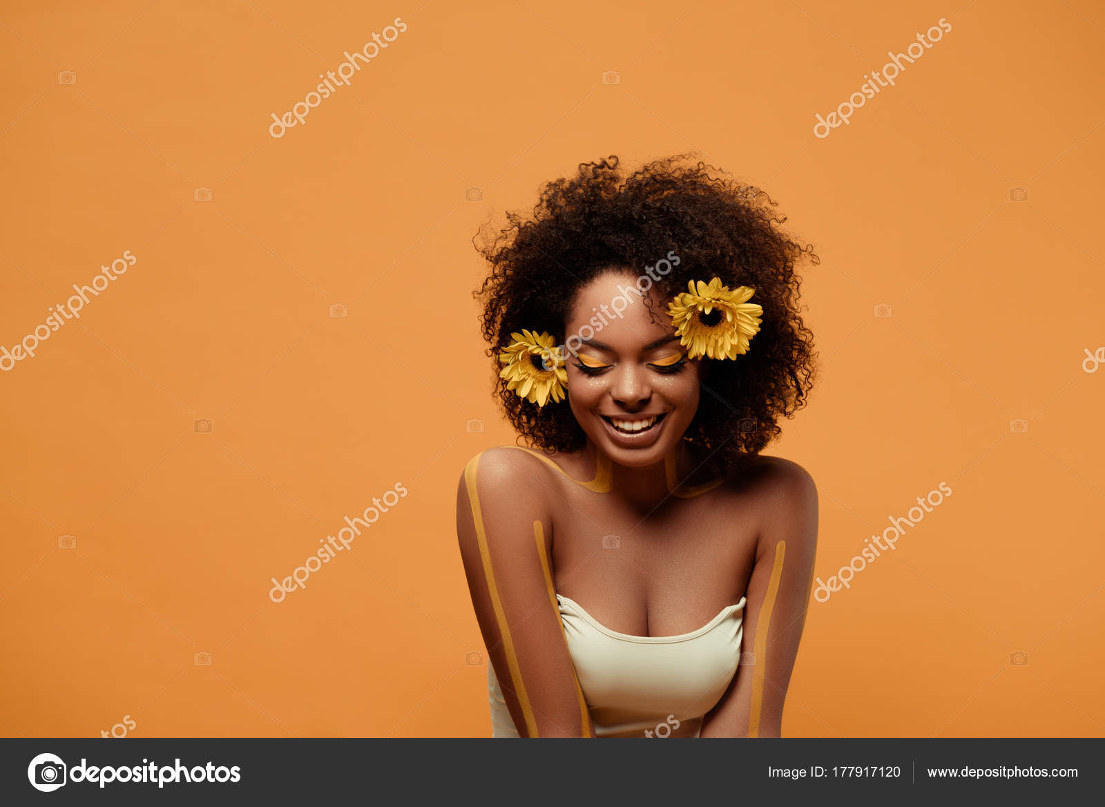 Young Laughing African American Woman Artistic Make Gerbera Hair Isolated Stock Photo by ©Y-Boychenko 177917120 Young Laughing African American Woman Artistic Make Gerbera Hair Isolated Stock Photo by ©Y-Boychenko 177917120