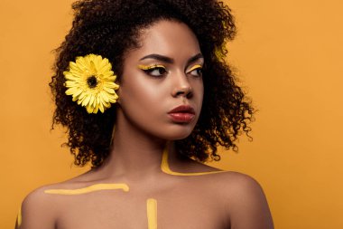 Şehvetli Afro-Amerikan olan kadın sanatsal makyaj ve saç üzerinde turuncu arka plan izole yan isteyen gerbera
