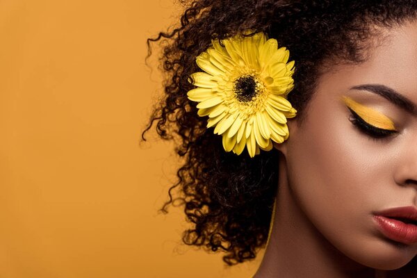 Close-up portrait of young sensual african american woman with artistic make-up and gerbera in hair isolated on orange background