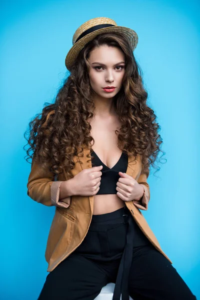 Serious Young Woman Canotier Hat Jacket Looking Camera Isolated Blue — Stock Photo, Image