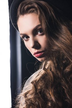 Retrato de una bella mujer morena mirando a cámara