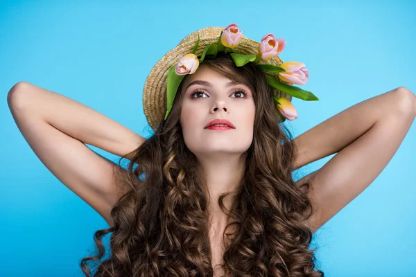 Beautiful Young Woman Straw Hat Pink Tulips Isolated Blue — Stock Photo, Image