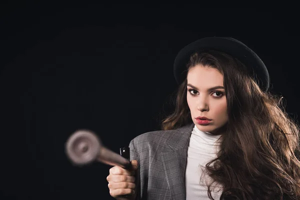 Close View Stylish Woman Walking Stick Looking Camera Isolated Black — Stock Photo, Image