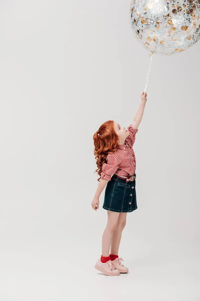 Adorable Redhead Child Holding Big Shiny Balloon Isolated Grey — Stock Photo, Image