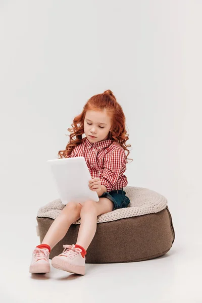 Adorable Little Child Sitting Using Digital Tablet Isolated Grey — Stock Photo, Image