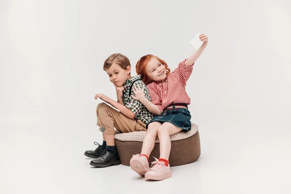 Bored Little Boy Sitting Digital Tablet While Friend Taking Selfie — Stock Photo, Image