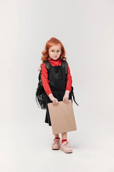 Beautiful Little Schoolgirl Black Dress Big Book Isolated Grey — Free Stock Photo