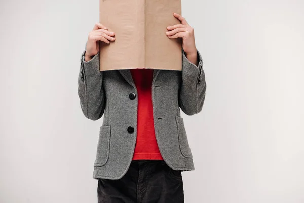 Little Schoolboy Covering Face Book Isolated Grey — Free Stock Photo