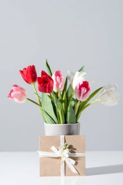 close-up view of beautiful blooming tulip flowers in vase and envelope on grey clipart