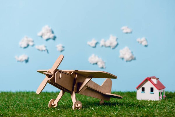 close-up view of wooden toy plane on green grass and blue sky with clouds