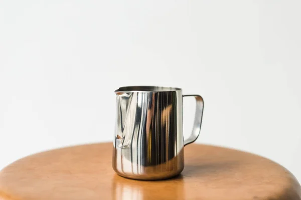 Stainless Milk Pitcher Wooden Chair Isolated White — Free Stock Photo