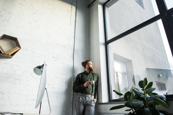 Bottom View Businessman Standing Cup Coffee Looking Window — Stock Photo, Image