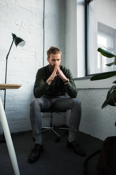 Tired Businessman Sitting Showing Praying Gesture — Stock Photo, Image