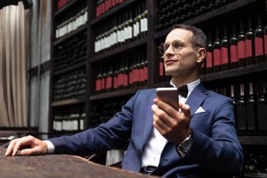 restoranda smartphone kullanarak şık elbiseli yakışıklı adam