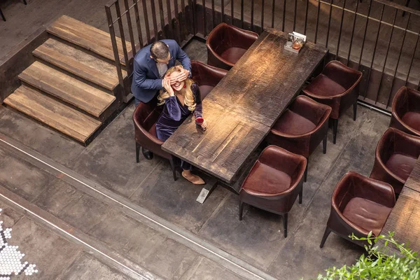 High Angle View Happy Adult Man Covering Eyes His Girlfriend — Stock Photo, Image