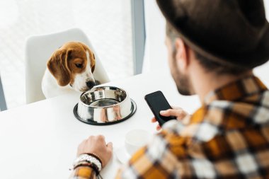 Smartphone tutarak ve köpeğe arayan adam 