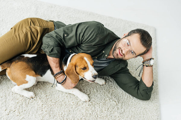 high angle view of handsome man lying on carpet with cute beagle and looking at camera