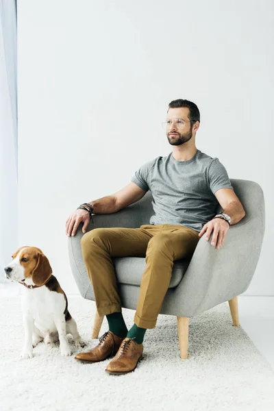 Hombre Sentado Sillón Perro Sentado Suelo — Foto de Stock