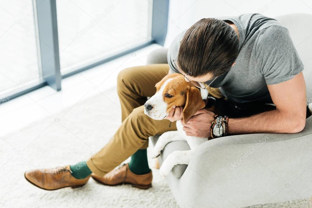 high angle view of man palming cute beagle on armchair