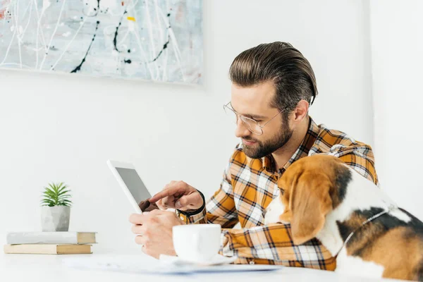 businessman showing something on tablet to dog